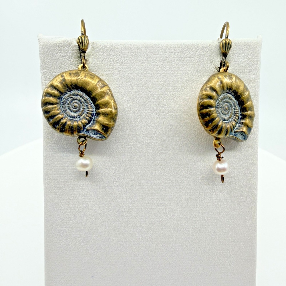 VTG Bronze Ammonite Fossil Shell Dangle Hinged Faux Pearl Earrings